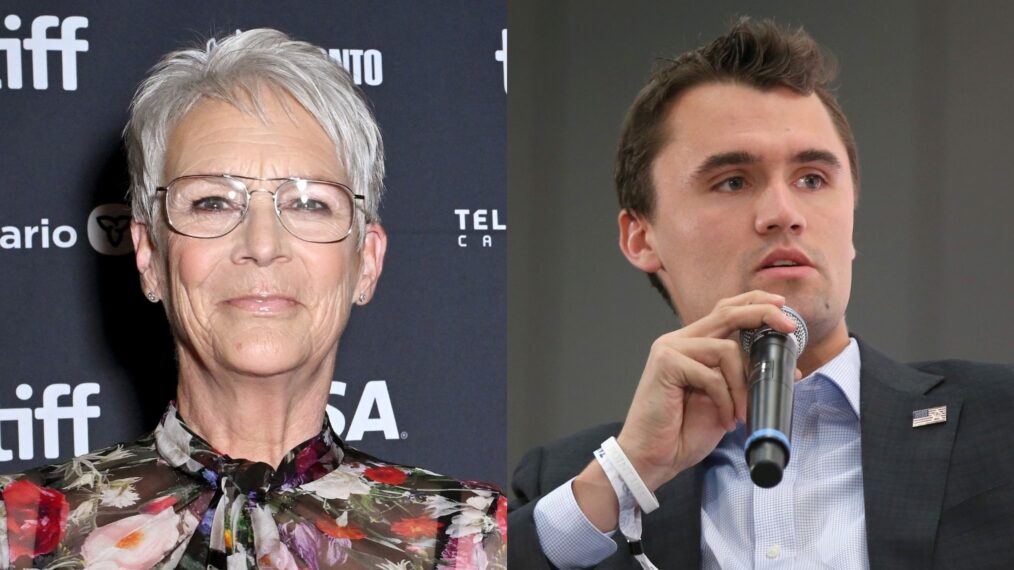 Jamie Lee Curtis in September 2025; Charlie Kirk in October 2018.