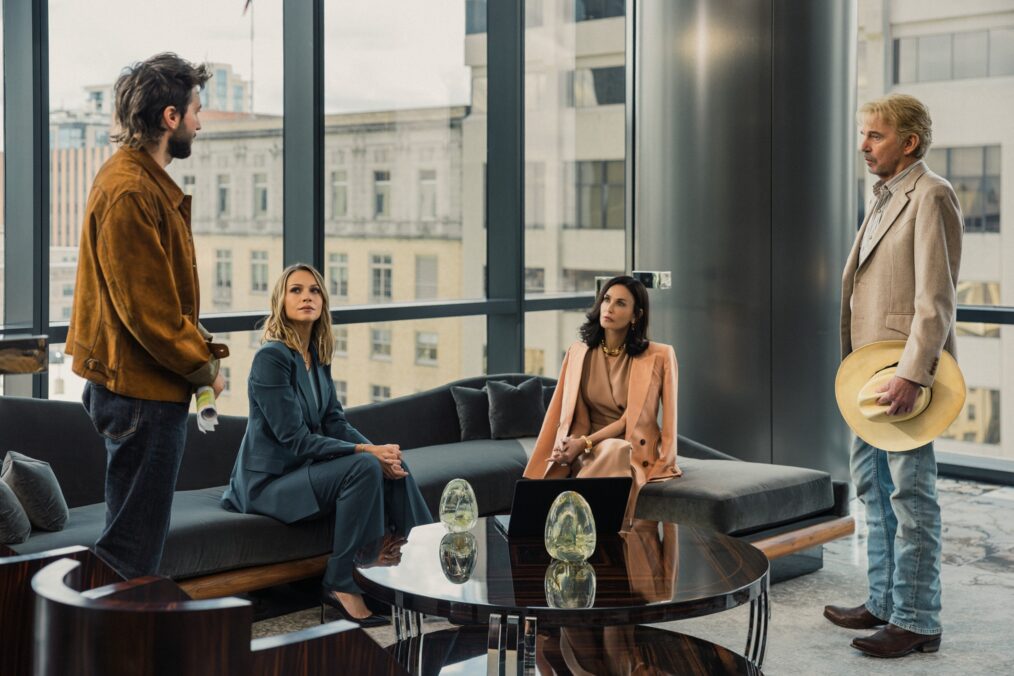 Guy Burnet as Charlie, Kayla Wallace as Rebecca, Demi Moore as Cami and Billy Bob Thornton as Tommy in Landman episode 8, season 2, streaming on Paramount+. Photo Credit: Emerson Miller/Paramount+