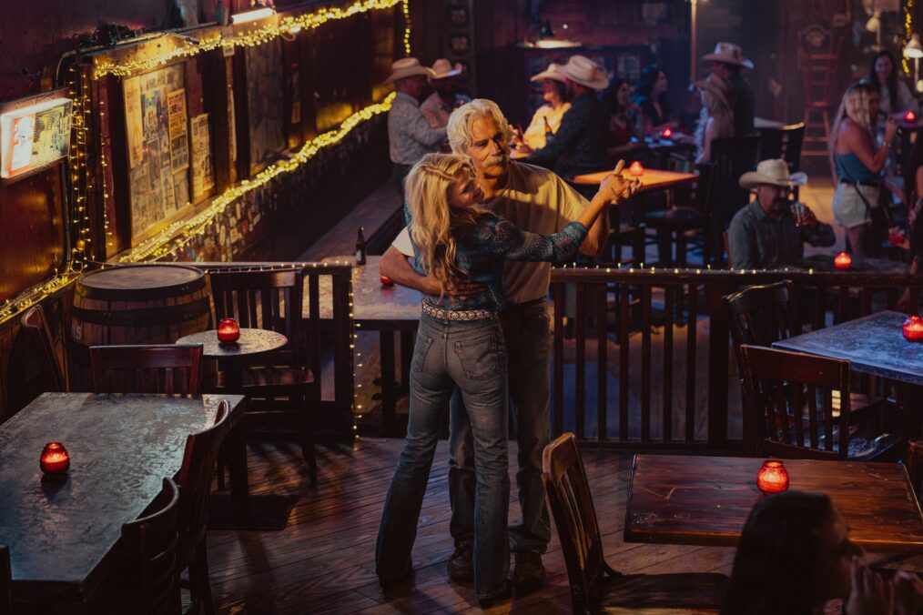 Ali Larter as Angela Norris and Sam Elliott as T.L. in Landman episode 6, season 2, streaming on Paramount+. Photo Credit: Emerson Miller/Paramount+
