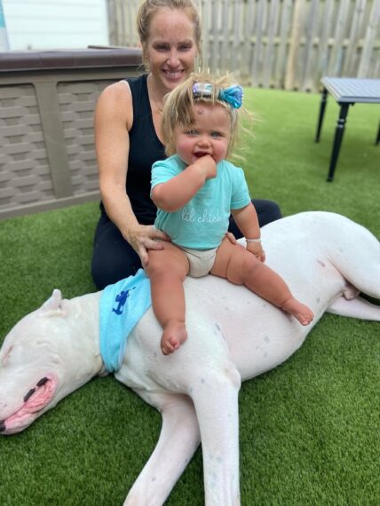 Mina Starsiak Hawk, daughter Charlotte, and dog Frank via Instagram, September 26, 2025.