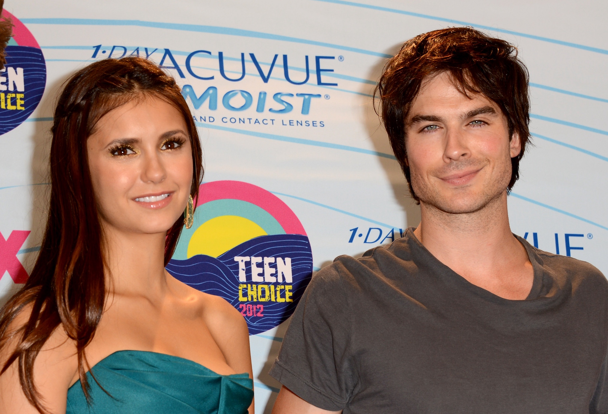 Nina Dobrev and Ian Somerhalder poses in the press room during the 2012 Teen Choice Awards at Gibson Amphitheatre on July 22, 2012 in Universal City, California.