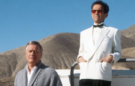 DALLAS, from left: Larry Hagman, Joel Grey, 'Conundrum', (Season 14, ep. 1422, aired May 3, 1991), 1978-91. ©Lorimar Television / Courtesy: Everett Collection