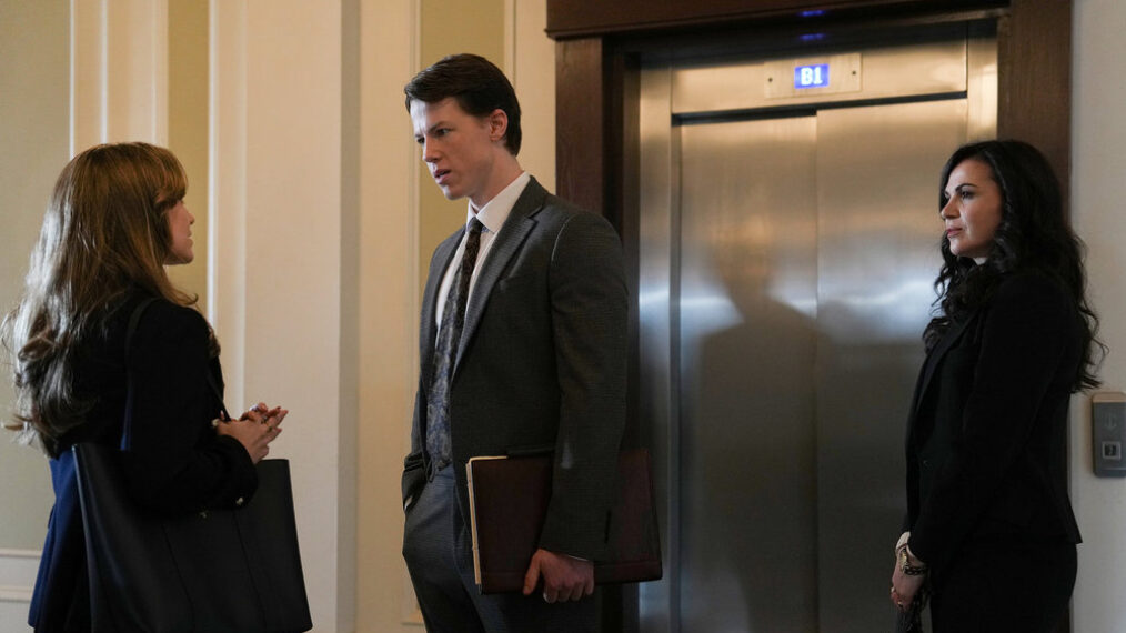 THE RAINMAKER -- Episode 105 -- Pictured: (l-r) Madison Iseman as Sarah Plankmore, Milo Callaghan as Rudy Baylor, Lana Parrilla as Jocelyn 'Bruiser' Stone -- (Photo by: Christopher Barr/USA Network)