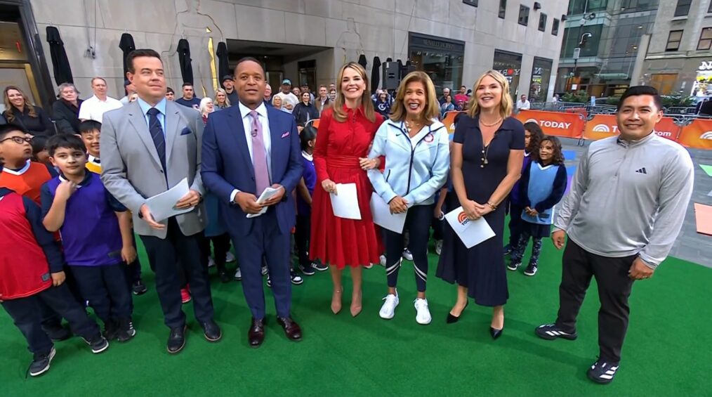 Carson Daly, Craig Melvin, Savannah Guthrie, Hoda Kotb, Savannah Guthrie, and Reyes Andon on the September 9, 2025, episode of NBC's 'Today.'