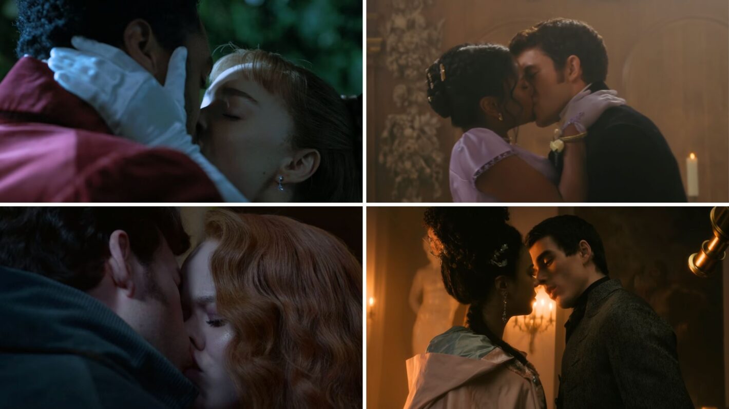 Phoebe Dynevor and Rege-Jean Page, Jonathan Bailey and Simone Ashley, Nicola Coughlan and Luke Newon, and India Amarteifio and Corey Mylchreest in 'Bridgerton'