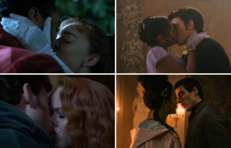 Phoebe Dynevor and Rege-Jean Page, Jonathan Bailey and Simone Ashley, Nicola Coughlan and Luke Newon, and India Amarteifio and Corey Mylchreest in 'Bridgerton'