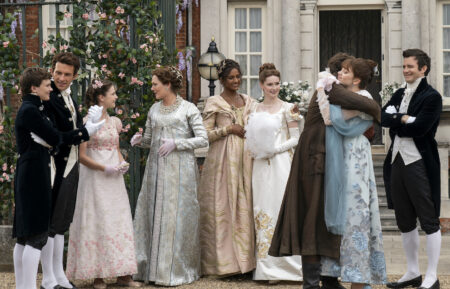 Will Tilston as Gregory Bridgerton, Jonathan Bailey as Anthony Bridgerton, Florence Hunt as Hyacinth Bridgerton, Ruth Gemmell as Lady Violet Bridgerton, Simone Ashley as Kate Sharma, Hannah Dodd as Francesca Bridgerton, Luke Newton as Colin Bridgerton, Claudia Jessie as Eloise Bridgerton, Luke Thompson as Benedict Bridgerton in 'Bridgerton' Season 3