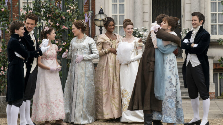 Will Tilston as Gregory Bridgerton, Jonathan Bailey as Anthony Bridgerton, Florence Hunt as Hyacinth Bridgerton, Ruth Gemmell as Lady Violet Bridgerton, Simone Ashley as Kate Sharma, Hannah Dodd as Francesca Bridgerton, Luke Newton as Colin Bridgerton, Claudia Jessie as Eloise Bridgerton, Luke Thompson as Benedict Bridgerton in 'Bridgerton' Season 3