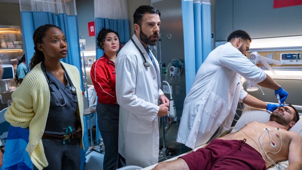 Ashleigh LaThrop as Dr. Ericka Kinney, Aury Krebs as Dr. Dana Dang, Zachary Quinto as Dr. Oliver Wolf, John Clarence Stewart as Dr. Anthony Thorne, Duke Davis Roberts as Tommy — 'Brilliant Minds' Season 2 Premiere 