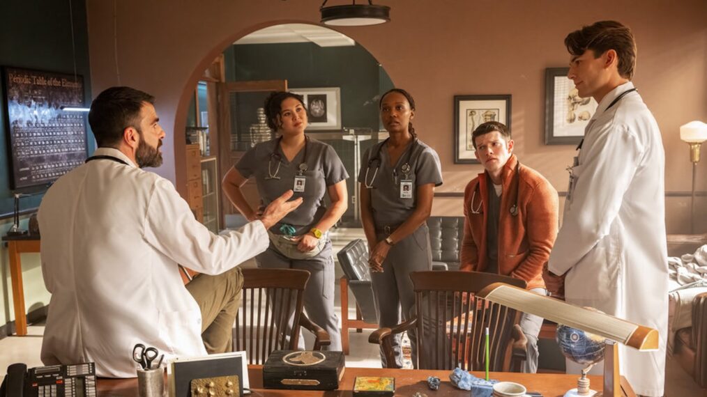 Zachary Quinto as Dr. Oliver Wolf, Aury Krebs as Dr. Dana Dang, Ashleigh Lathrop as Dr. Ericka Kinney, Alex MacNicoll as Dr. Van Markus, Brian Altemus as Dr. Charlie Porter — 'Brilliant Minds' Season 2 Premiere 