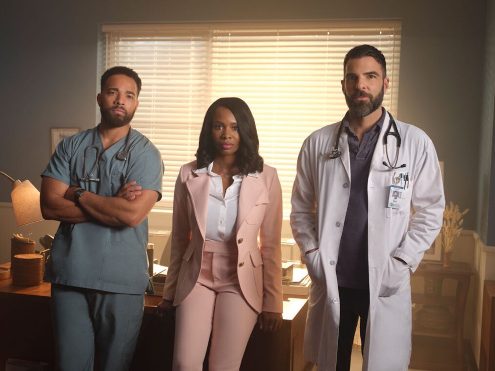 John Clarence Stewart as Dr. Anthony Thorne, Tamberla Perry as Dr. Carol Pierce, and Zachary Quinto as Dr. Oliver Wolf — 'Brilliant Minds' Season 2
