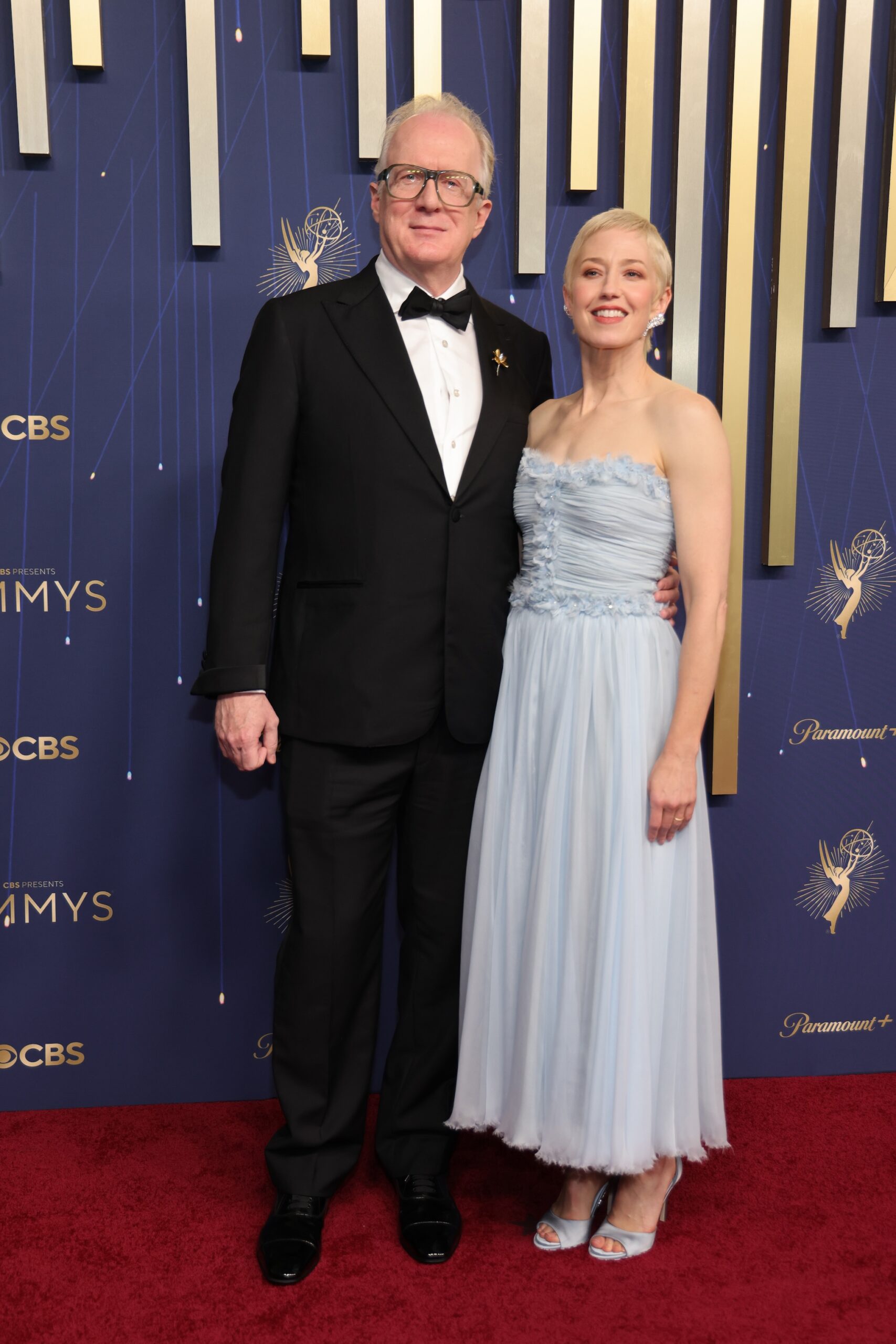 Tracy Letts and Carrie Coon attend the 77th Primetime Emmy Awards at Peacock Theater on September 14, 2025 in Los Angeles, California.