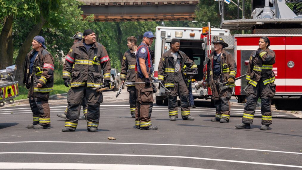 Anthony Ferraris as Tony Ferraris, Joe Minoso as Joe Cruz, Brandon Larracuente as Sal Vasquez, Taylor Kinney as Kelly Severide, Daniel Kyri as Darren Ritter, David Eigenberg as Christopher Herrmann, Miranda Rae Mayo as Stella Kidd — 'Chicago P.D.' Season 14 Premiere 