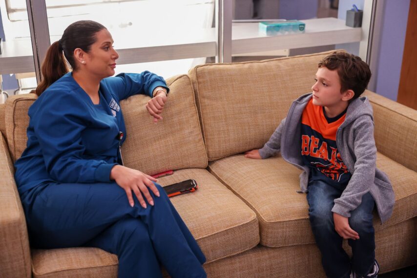 Lorena Diaz as Nurse Doris, Frankie DeMaio as Owen Manning — 'Chicago Med' Season 11 Episode 2 "A Game of Inches"