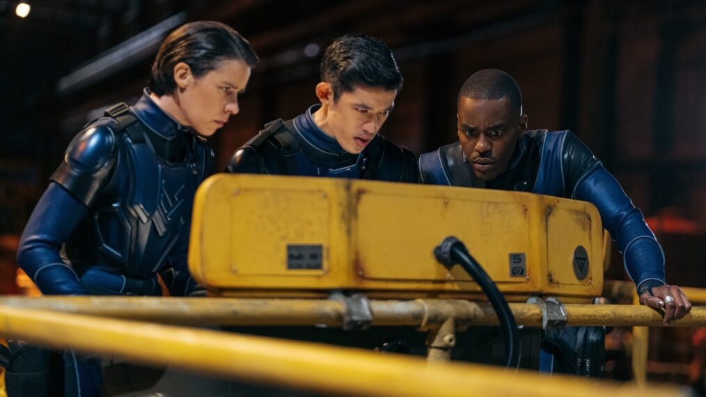 Caoilfhionn Dunne as Shaya Troop Leader, Christopher Chung as Cassio Palin-Paleen Trooper 1, and Ncuti Gatwa as The Doctor — 'Doctor Who' 'The Well'