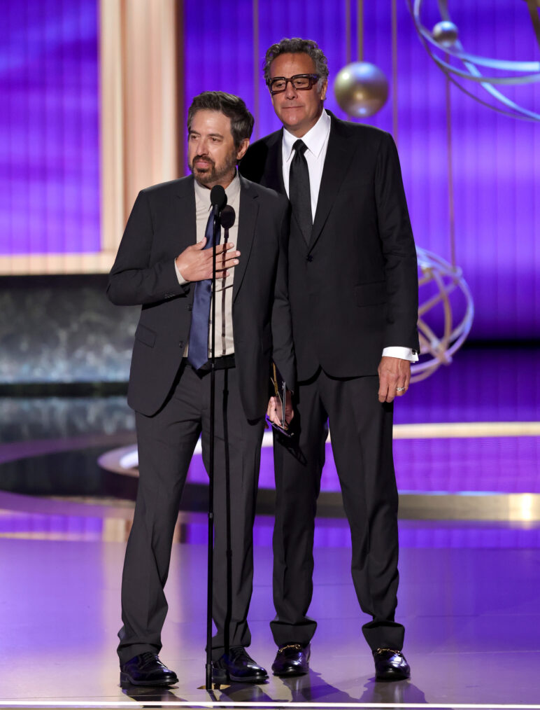 Ray Romano and Brad Garrett speak onstage during the 77th Primetime Emmy Awards at Peacock Theater on September 14, 2025 in Los Angeles, California.