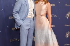 Adam Brody and Leighton Meester attend the 77th Primetime Emmy Awards at Peacock Theater on September 14, 2025 in Los Angeles, California.