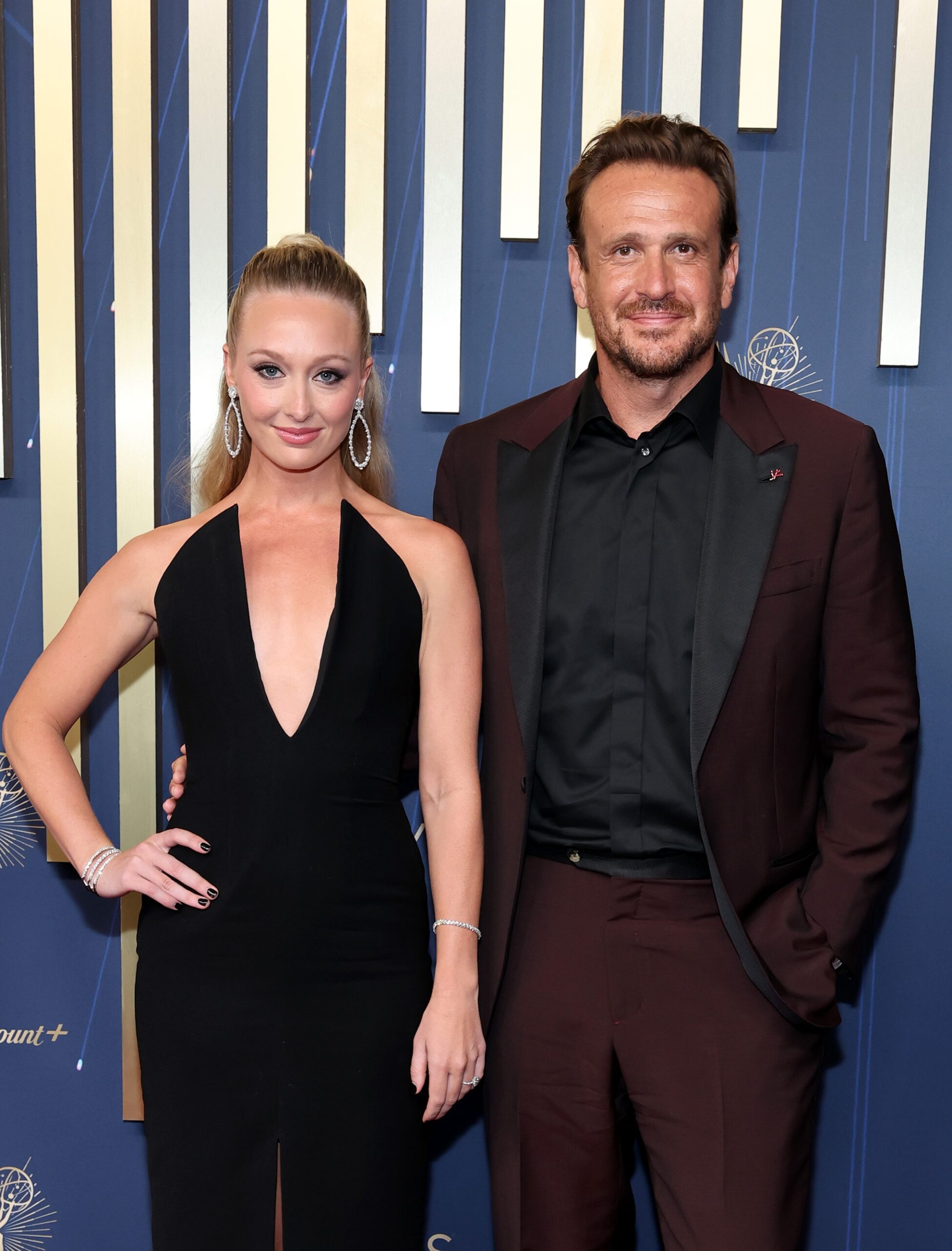 Kayla Radomski and Jason Segel at the 2025 Emmys