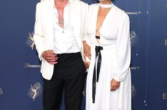 Walton Goggins and Nadia Conners attend the 77th Primetime Emmy Awards at Peacock Theater on September 14, 2025 in Los Angeles, California.