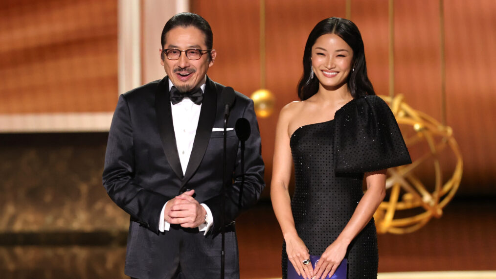 Hiroyuki Sanada and Anna Sawai speak onstage during the 77th Primetime Emmy Awards at Peacock Theater on September 14, 2025 in Los Angeles, California.