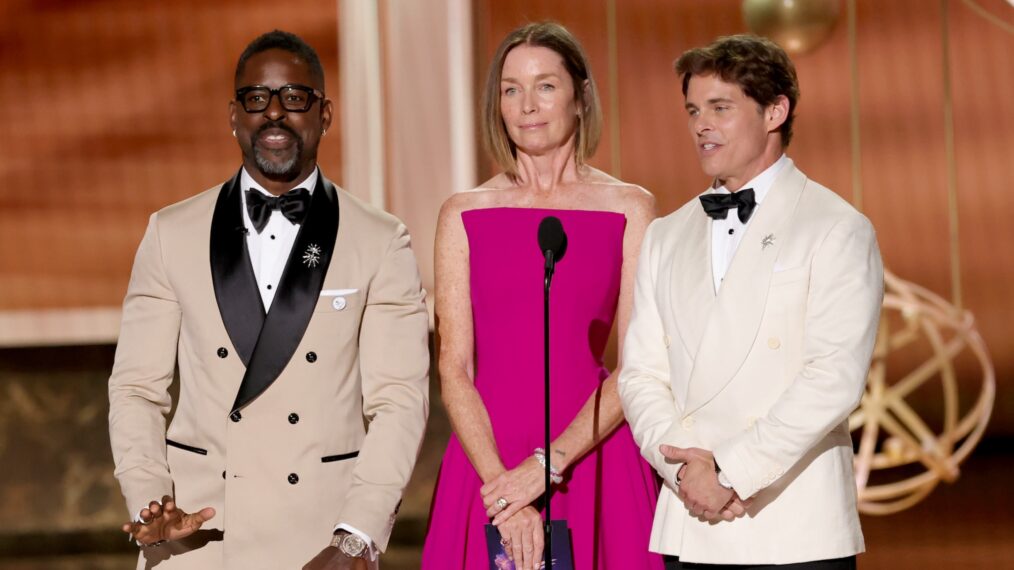 LOS ANGELES, CALIFORNIA - SEPTEMBER 14: (L-R) Sterling K. Brown, Julianne Nicholson, and James Marsden speak onstage during the 77th Primetime Emmy Awards at Peacock Theater on September 14, 2025 in Los Angeles, California. (Photo by Kevin Winter/Getty Images)