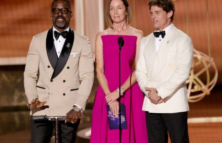LOS ANGELES, CALIFORNIA - SEPTEMBER 14: (L-R) Sterling K. Brown, Julianne Nicholson, and James Marsden speak onstage during the 77th Primetime Emmy Awards at Peacock Theater on September 14, 2025 in Los Angeles, California. (Photo by Kevin Winter/Getty Images)