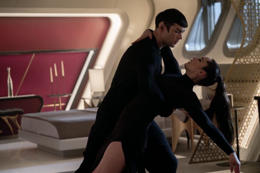 Ethan Peck as Spock and Christina Chong as Laían in season 3 , Episode 4 of Strange New Worlds