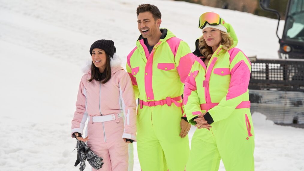 Janel Parrish, Jonathan Bennett, and Melissa Peterman in 'Finding Mr. Christmas' Season 2