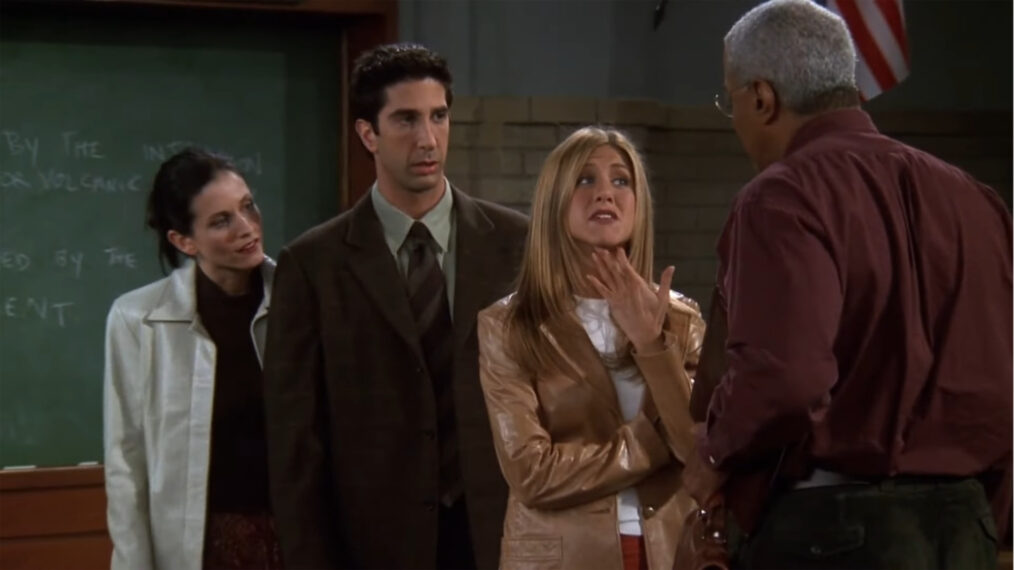 Courteney Cox as Monica, David Schwimmer as Ross, and Jennifer Aniston as Rachel in 'Friends'
