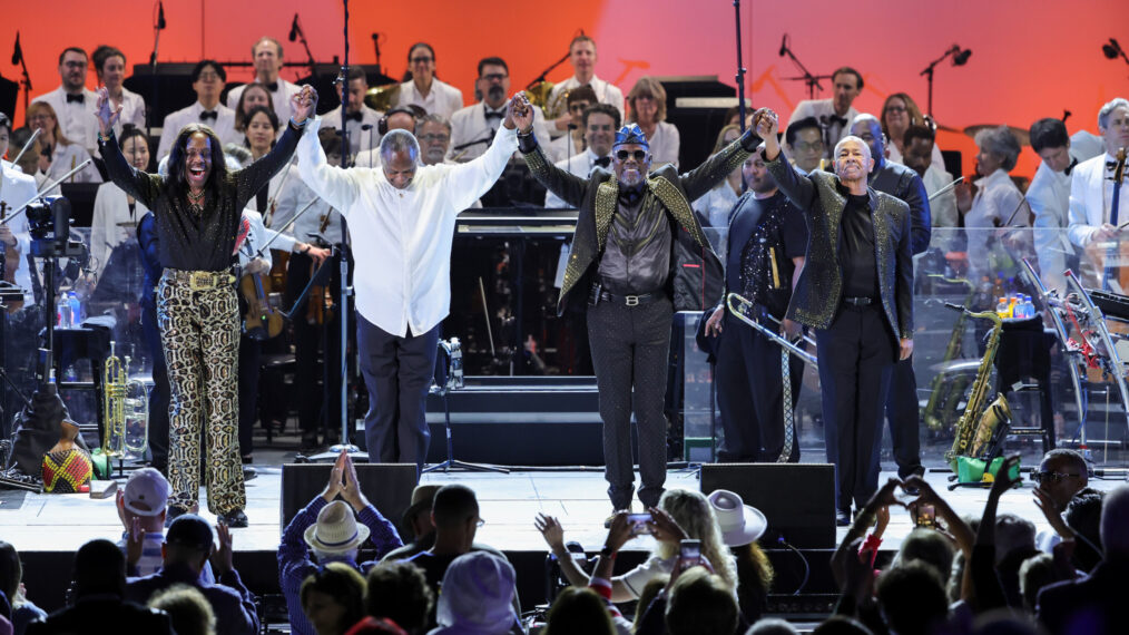 Verdine White, Thomas Wilkins, Conductor, Philip J. Bailey and Ralph Johnson in 'A Grammy Salute to Earth, Wind & Fire' on CBS