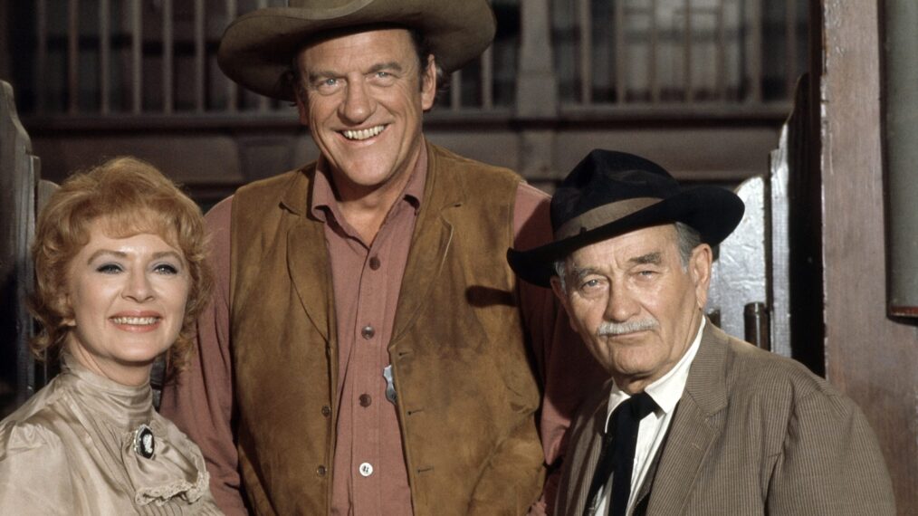 GUNSMOKE, from left: Amanda Blake, James Arness, Milburn Stone, (September 29, 1973), 1955-1975