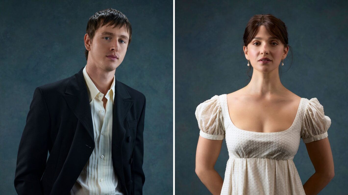 Harris Dickinson and Marisa Abela as Mr. Darcy and Elizabeth Bennet in Audible's 'Pride & Prejudice'