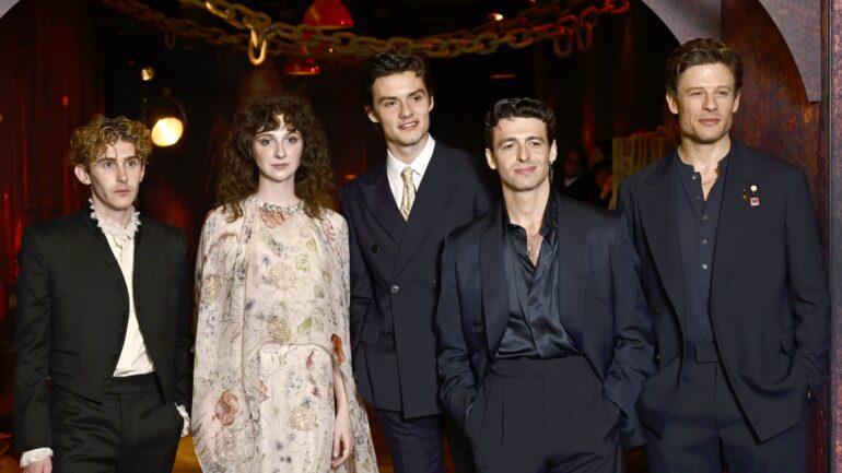 LONDON, ENGLAND - SEPTEMBER 23: Fionn O'Shea, Emily Fairn, Louis Partridge, Anthony Boyle and James Norton attend the "House Of Guinness" London Premiere at Picturehouse Central on September 23, 2025 in London, England.