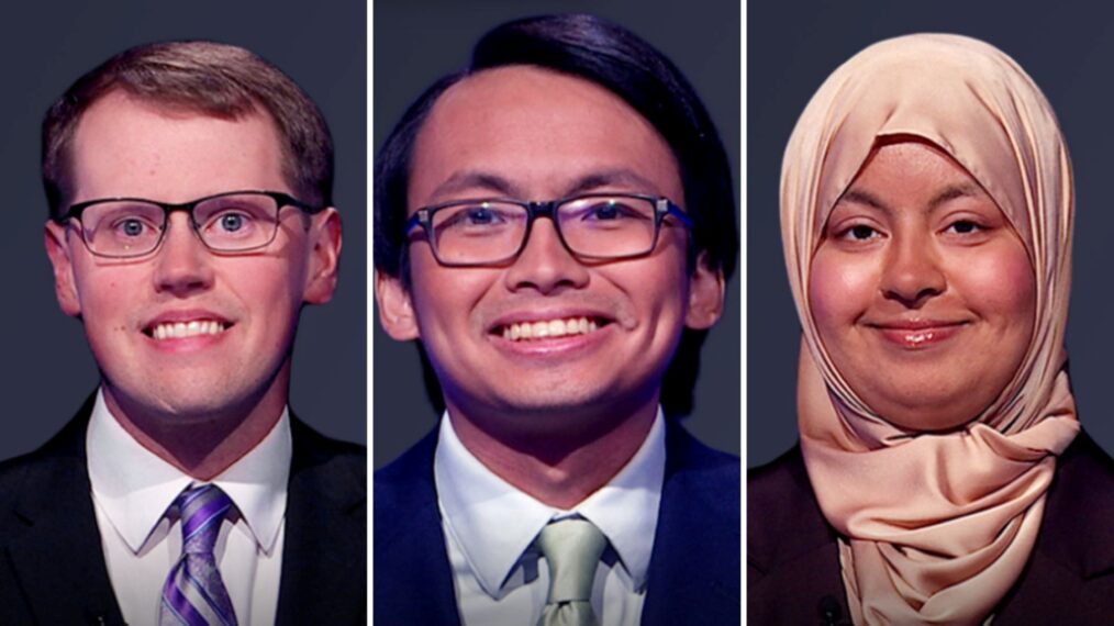 (from left) Steven Olson, Paolo Pasco, and Hebah Uddin, on 'Jeopardy!' Season 43 on September 19, 2025