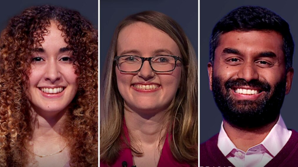 'Jeopardy!' contestants (from left) Yasmine Mitchell, Vickie Talvola, and Prasad Patil, on September 26, 2025