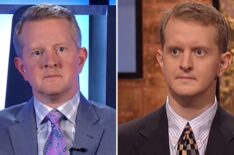 Ken Jennings in 2025 (left) critiquing his outfits from 2004 (right)