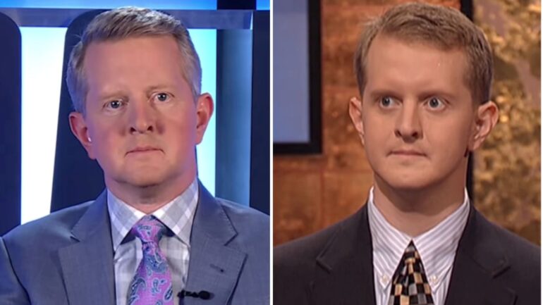 Ken Jennings in 2025 (left) critiquing his outfits from 2004 (right)