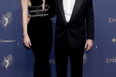 Leslie Bibb and Sam Rockwell attend the 77th Primetime Emmy Awards at Peacock Theater on September 14, 2025 in Los Angeles, California.