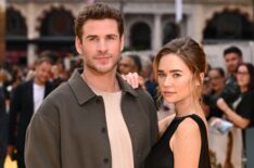 Liam Hemsworth and Gabriella Brooks attend the 'Limitless: Live Better Now' UK Premiere at Odeon Luxe Leicester Square on July 17, 2025
