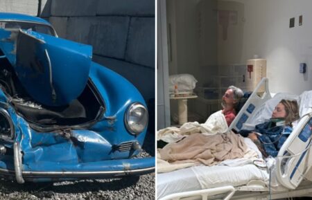 Mike Wolfe's wrecked car; him and Leticia Cline in a hospital
