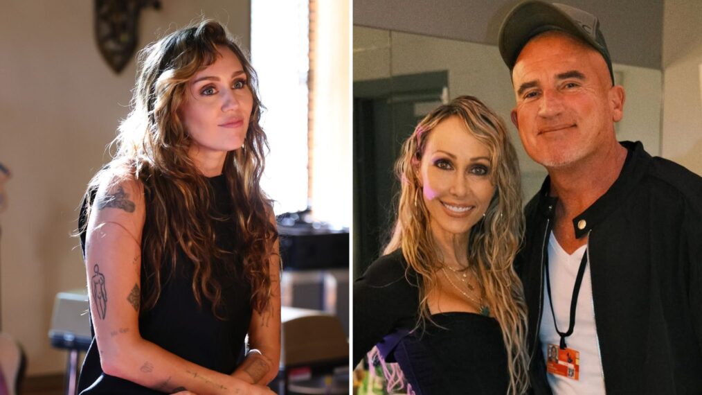Miley Cyrus attends TikTok Presents Something Beautiful Album Release Event With Miley Cyrus at Chateau Marmont on May 27, 2025 in Los Angeles, California; Tish Cyrus and Dominic Purcell together
