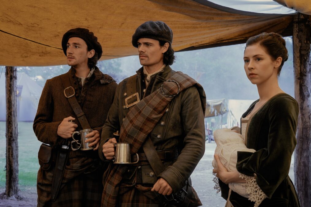 Rory Alexander, Jamie Roy, and Hermione Corfield in 'Outlander: Blood of My Blood' Season 1