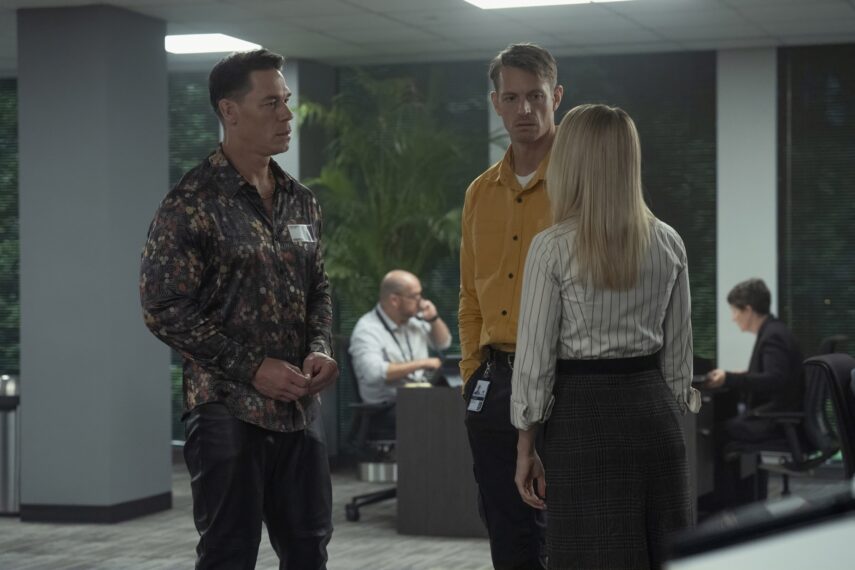 John Cena, Joel Kinnaman, and Jennifer Holland in 'Peacemaker' Season 2