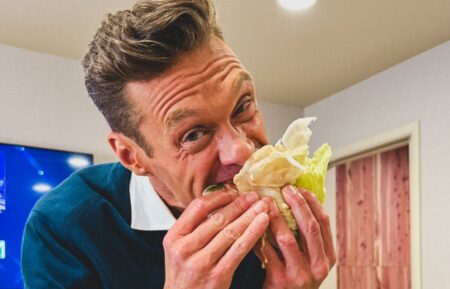 Ryan Seacrest eating In-N-Out burger in hid dressing room on September 11, 2025 on the set of