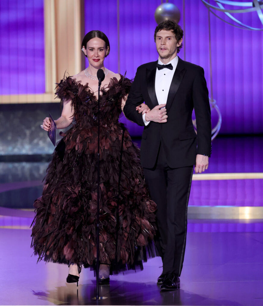 Sarah Paulson and Evan Peters speak onstage during the 77th Primetime Emmy Awards at Peacock Theater on September 14, 2025 in Los Angeles, California.