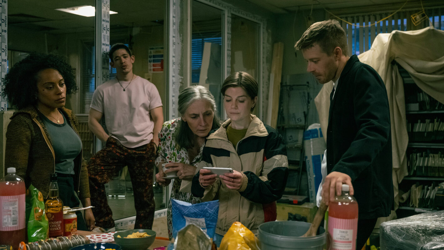 Rosalind Eleazar as Louisa, Christopher Chung as Roddy, Saskia Reeves as Catherine, Aimee-Ffion Edwards as Shirley, and Jack Lowden as River— 'Slow Horses' Season 5 Premiere 