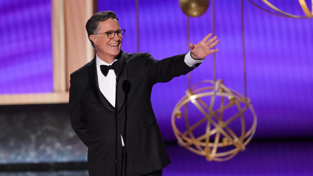 LOS ANGELES, CALIFORNIA - SEPTEMBER 14: Stephen Colbert speaks onstage during the 77th Primetime Emmy Awards at Peacock Theater on September 14, 2025 in Los Angeles, California.