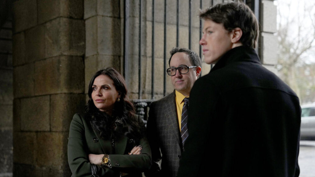 Lana Parrilla, PJ Byrne, and Milo Callaghan in 'The Rainmaker' Season 1 Episode 7