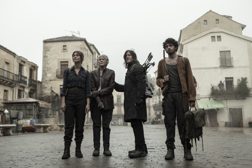 Candela Saitta as Justina, Melissa McBride as Carol Peletier, Norman Reedus as Daryl Dixon, Hugo Arbués as Roberto — 'The Walking Dead: Daryl Dixon' Season 3