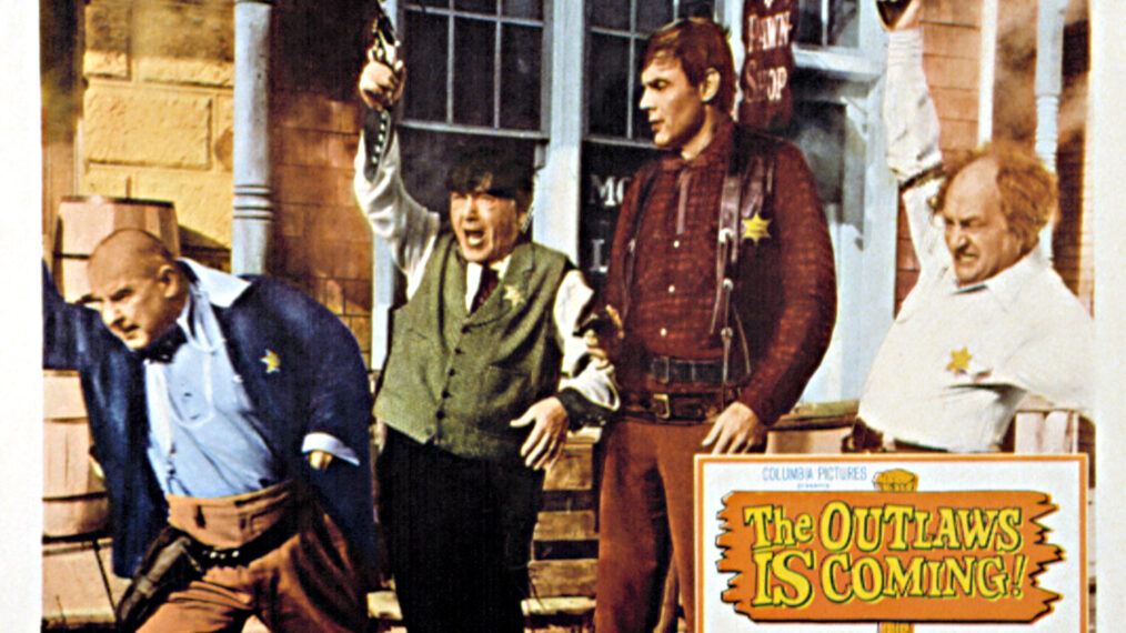 THE OUTLAWS IS COMING!, The Three Stooges (Curly Joe DeRita, Moe Howard, Larry Fine), Adam West, lobby card, poster art, 1965.
